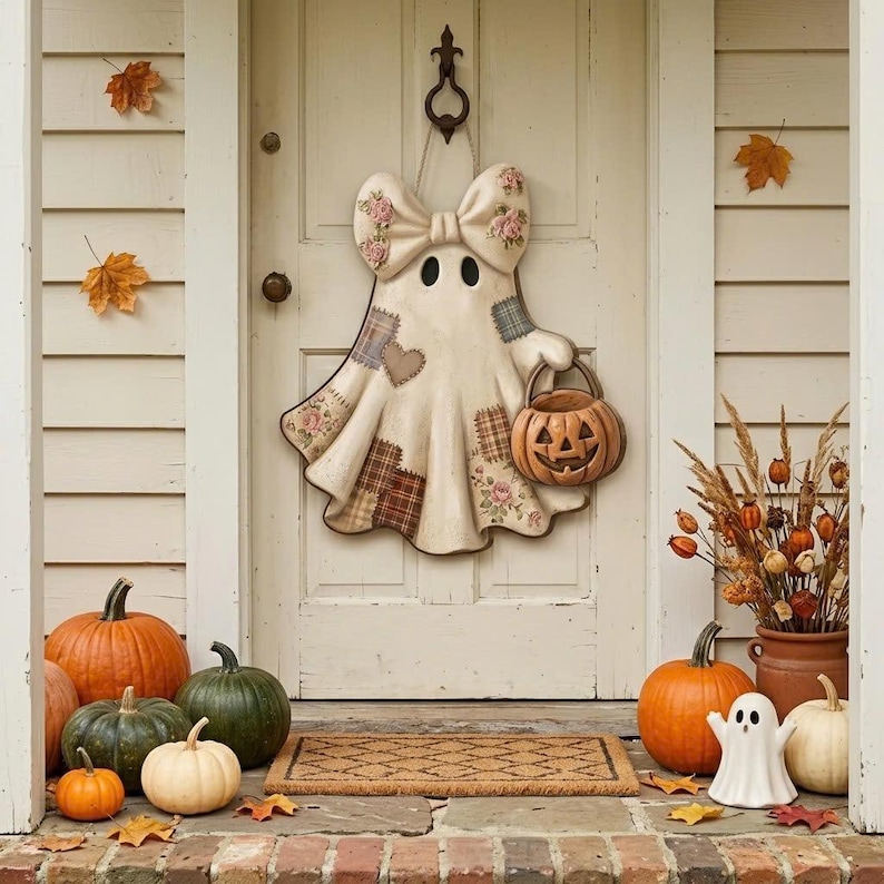 May include: A cream-coloured ghost wall hanging featuring a large bow on top, floral and plaid patchwork patterns, and a small orange jack-o'-lantern bucket held in one hand. The ghost is suspended on a light-coloured door with a black metal knocker.