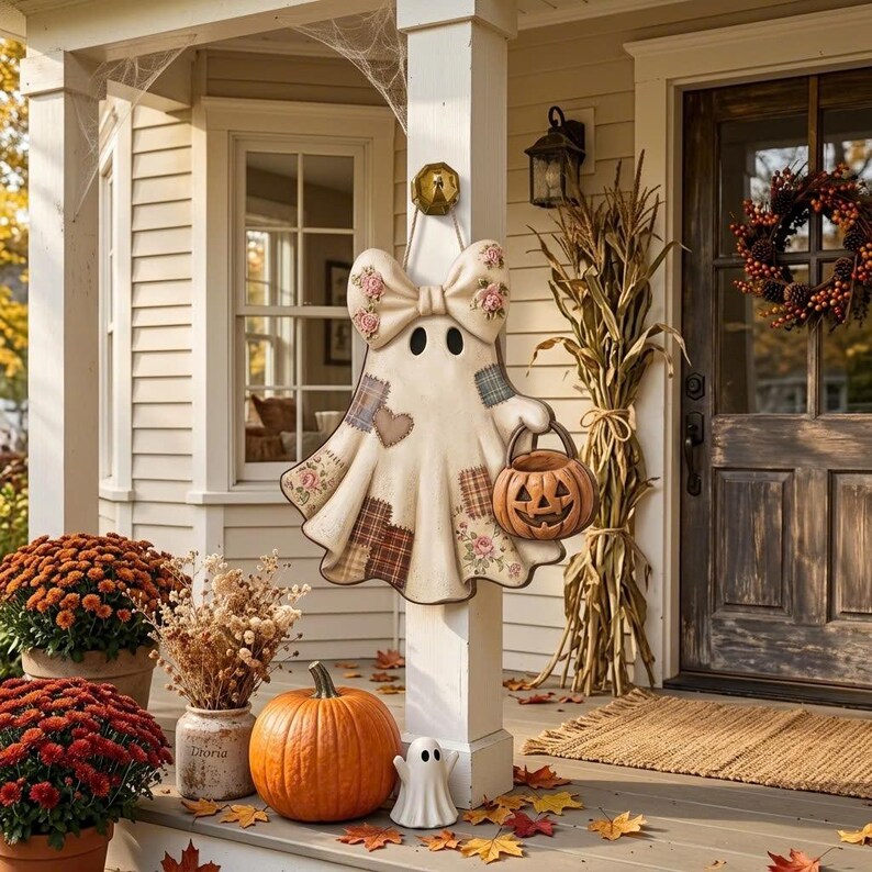 May include: A hanging ghost decoration featuring a large bow with floral patterns, patchwork fabric details, and a small jack-o'-lantern bucket. The ghost is cream-coloured with dark eyes and is suspended from a gold-coloured hook on a white porch post.