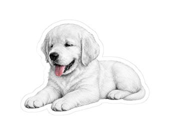 May include: A detailed black and white pencil sketch illustration of a golden retriever puppy lying down. The puppy has soft fur, floppy ears, and a visible pink tongue hanging out of its mouth. The drawing is isolated on a plain white background.