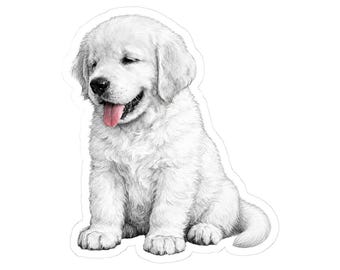 May include: A black and white pencil sketch style sticker of a fluffy golden retriever puppy sitting down. The puppy has soft fur, floppy ears, and a black nose, with its pink tongue hanging out of its mouth, rendered in a detailed artistic style.