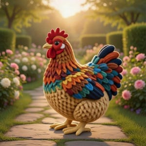 Könnte beinhalten: Ein farbenfroher, gestrickter Hahn steht auf einem Steinweg in einem Garten. Der Hahn hat einen roten Kamm und Kehllappen, mit Federn in Orange-, Blau-, Gelb- und Grüntönen. Im Hintergrund befinden sich Rosenbüsche und gepflegte Hecken.