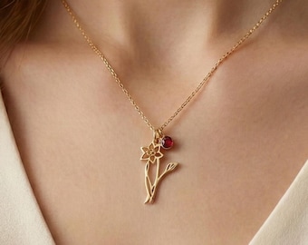 Personalisierte Geburtsblume Halskette mit Geburtsstein – Blumen & Monatsstein Charm Kette, Individuelles Geschenk für Frau