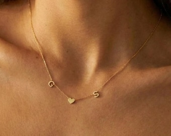 Personalisierte Initialen Kette mit Herz – 925 Sterling Silber Vergoldet , Geschenk für Freundin