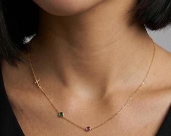 Kreuzkette mit Geburtsstein, Personalisierte Kreuz Kette Damen, Konfirmation Muttertag Geschenk