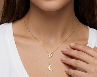 Sonne und Mond Halskette , Himmlische Goldkette , Sun and Moon Necklace ,Zierlicher minimalistischer Schmuck