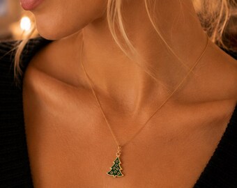 Weihnachtsbaum Kette Gold, grüne Emaille Tannenbaum Anhänger 925 Silber vergoldet, festlicher Weihnachtsschmuck Damen, Geschenk für Sie