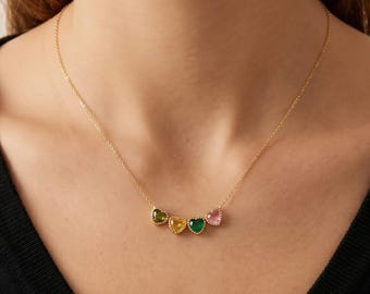 Geburtsstein Herz Halskette Gold, Bunte Herzen Kette Damen 14K Vergoldet, Muttertag Geschenk