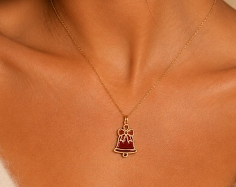 Weihnachtsglocke Kette Gold, rote Emaille Glocken Anhänger 925 Silber, festlicher Weihnachtsschmuck Damen, Geschenk für Sie Weihnachten