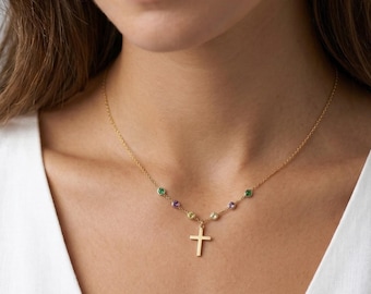 Personalisierte Kreuzkette Geburtsstein, Kreuz Kette Damen Silber, Konfirmation Muttertag Geschenk