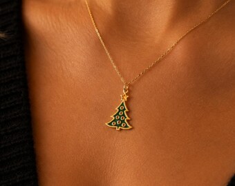 Weihnachtsbaum Kette Gold, grüne Emaille Tannenbaum Anhänger 925 Silber vergoldet, festlicher Weihnachtsschmuck Damen, Geschenk für Sie