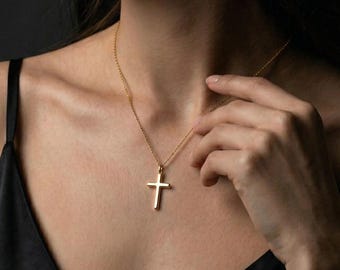 14K Gold Plated Cross Necklace, Minimalist Pendant, Christian Jewelry