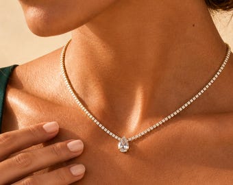 Elegante Princess Tenniskette Gold mit Tropfen, Zirkonia Halskette Geschenk für Sie Damen, Pear Drop Tennis Necklace Gold