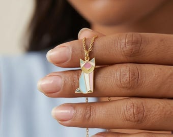 Bunte Katze Halskette Gold, Origami Katzen Anhänger 14K Vergoldet, Muttertag Geschenk Damen