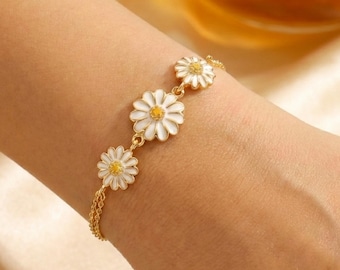 Flower Daisy Bracelet 14K Gold Plated, Sterling Silver, Boho Jewelry, Gift for Her, Dainty