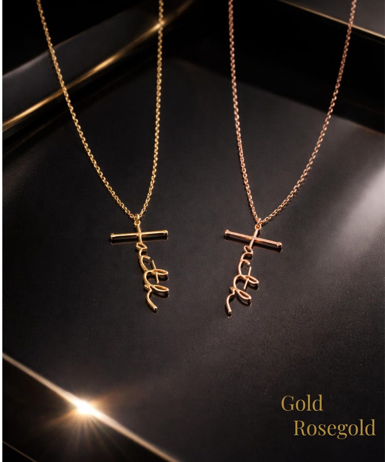 May include: Two gold necklaces with a cross pendant and the word "faith" in a cursive font. The necklaces are displayed on a black surface. The text "Gold Rosegold" is at the bottom.