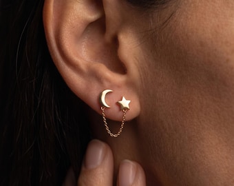 Mond und Stern Ohrringe Gold, Celestial Ketten Ohrringe 14K Vergoldet, Muttertag Geschenk Damen