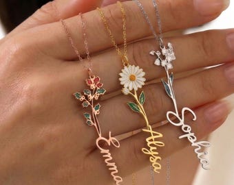 14K Gold Geburtsblume Namenskette – personalisierte, gravierte Anhänger‑Halskette mit Name und Geburtsblume
