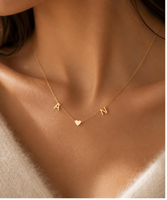 Personalisierte Initialen Kette mit Herz – 925 Sterling Silber Vergoldet , Geschenk für Freundin