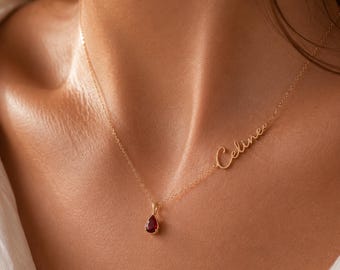 Namenskette mit Steintropfen Gold Silber, personalisierte Kette mit Geburtsstein, zierliche Name Halskette Damen, Geschenk für Sie