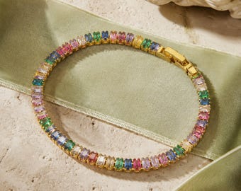 Strahlendes Regenbogen Tennisarmband Gold, Bunte Baguette Zirkonia Armband Geschenk für Sie, Farbenfrohe Kristall Armband Damen