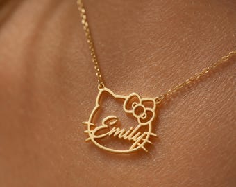 Katzenkopf Namenskette Damen Gold, Personalisierte Kitty Halskette 14K vergoldet 925 Silber, süße Katze Kette, Geschenk