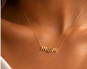 Mom Halskette Gold mit Rosenblüte – Sterling Silber 14K | Mama Kette Damen | Geschenk für Mama | Minimalist Necklace Gold