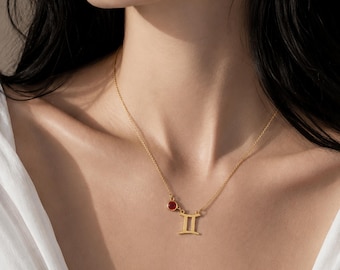 Sternzeichen Halskette Damen Gold, Geburtsstein Sternzeichen Kette vergoldet, zierlicher Zodiac Schmuck, Geschenk für Sie