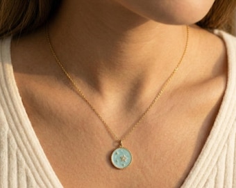 Türkis Halskette mit Stern Anhänger – Münze Kette Gold Damen, Boho Schmuck, Celestial Jewelry, Muttertag Geschenk