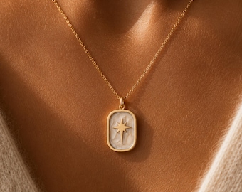 Polarstern Kette Gold, Emaille Stern Medallion Anhänger 925 Silber vergoldet, Celestial Boho Schmuck Damen, Geschenk für Sie & Freundin