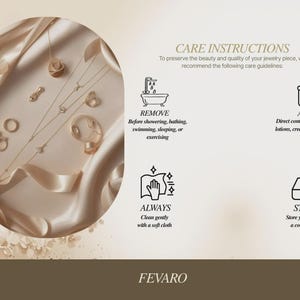 May include: An image showcasing gold jewelry pieces, including necklaces, rings, and earrings, arranged on a cream-colored satin fabric. The image also includes care instructions with icons and text, advising on how to maintain the jewelry's quality.