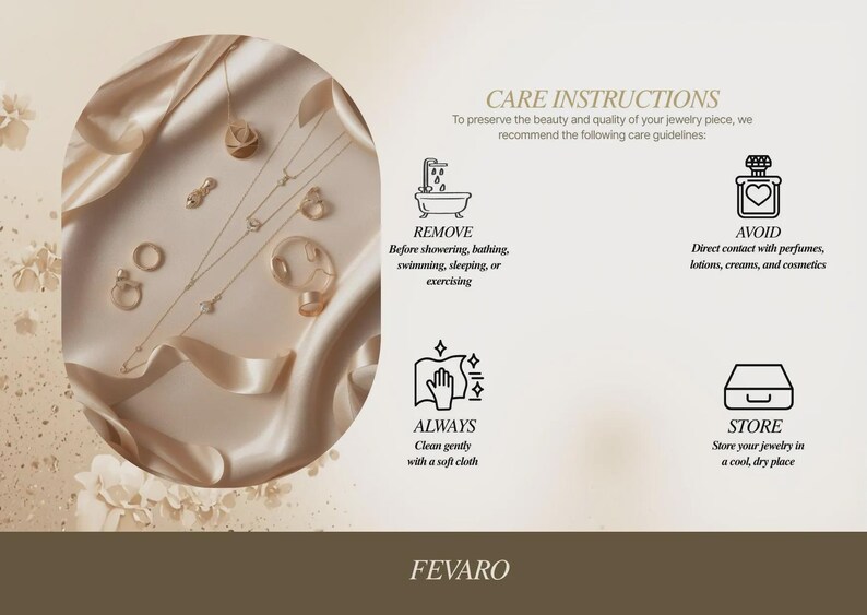 May include: An image showcasing gold jewelry pieces, including necklaces, rings, and earrings, arranged on a cream-colored satin fabric. The image also includes care instructions with icons and text, advising on how to maintain the jewelry's quality.