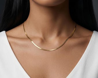 Herringbone Halskette Gold, Fischgrät Kette Damen 14K Vergoldet, Muttertag Geschenk Plata 925