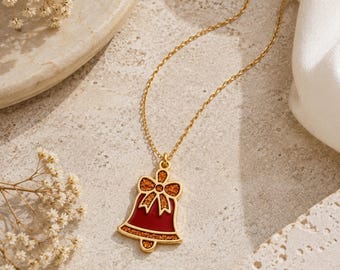 Weihnachtsglocke Kette Gold, rote Emaille Glocken Anhänger 925 Silber, festlicher Weihnachtsschmuck Damen, Geschenk für Sie Weihnachten