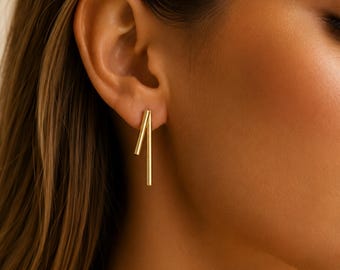 Zierliche Doppel Bar Ohrringe Gold, Minimalistische 925 Silber Hängeohrringe, schlanke Stab Ohrringe Damen, Geschenk für Sie
