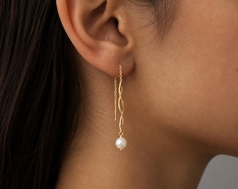 14K Gold Gewellte Perlen Durchzieh Ohrringe, Süßwasserperle Hängeohrringe, Minimalistischer Schmuck, Geschenk für sie