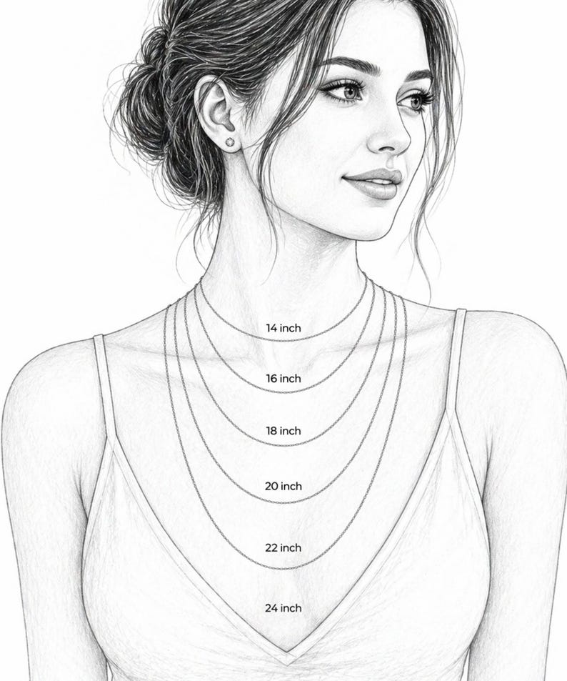 May include: A pencil sketch of a woman's upper body wearing a spaghetti strap top. The image shows six necklaces of varying lengths: 14 inch, 16 inch, 18 inch, 20 inch, 22 inch, and 24 inch.