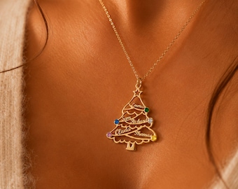 Personalisierte Weihnachtsbaum Kette mit Namen, Geburtssteinen, 925 Silber, Familien Halskette, Weihnachten Geschenk Mama