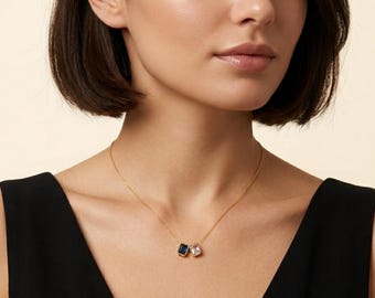 Personalisierte Geburtsstein Kette Rechteck Gold, Minimalistische Halskette mit Geburtsstein, Geschenk für Mama, Familie