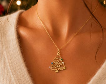 Personalisierte Weihnachtsbaum Kette mit Namen, Geburtssteinen, 925 Silber, Familien Halskette, Weihnachten Geschenk Mama