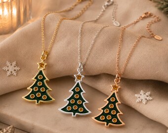 Weihnachtsbaum Kette Gold, grüne Emaille Tannenbaum Anhänger 925 Silber vergoldet, festlicher Weihnachtsschmuck Damen, Geschenk für Sie