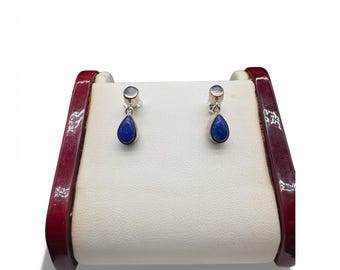 Sterling Silver Lapis Lazuli & Moonstone Teardrop Drop Stud Earrings Vtg