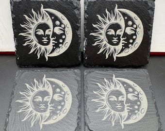 Sun Moon Celestial Slate Coaster Handmade Engraved Boho Waterproof Hippie Slab