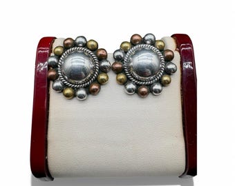 Taxco Mexico TP-05 Sterling Silver Mixed Metal Beaded Dome Clip-On Earrings Vtg