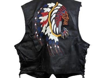 Wilson's Black Leather Vest XL Native Chief Embroidered Back Side Lace