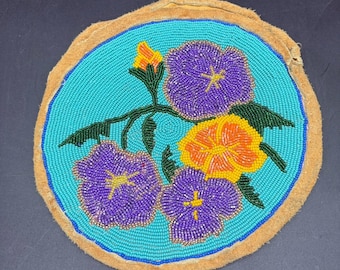 Vintage Native Style Hand Beaded Floral Round Leather Pouch Purse 8"
