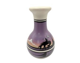 TH Navajo Pottery Signed Vase Southwest Purple Sunset Scene 7" Hand Painted Art