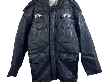 Willabee & Ward Genuine Leather Jacket Bear Patch Feathers Pockets L Indonesia