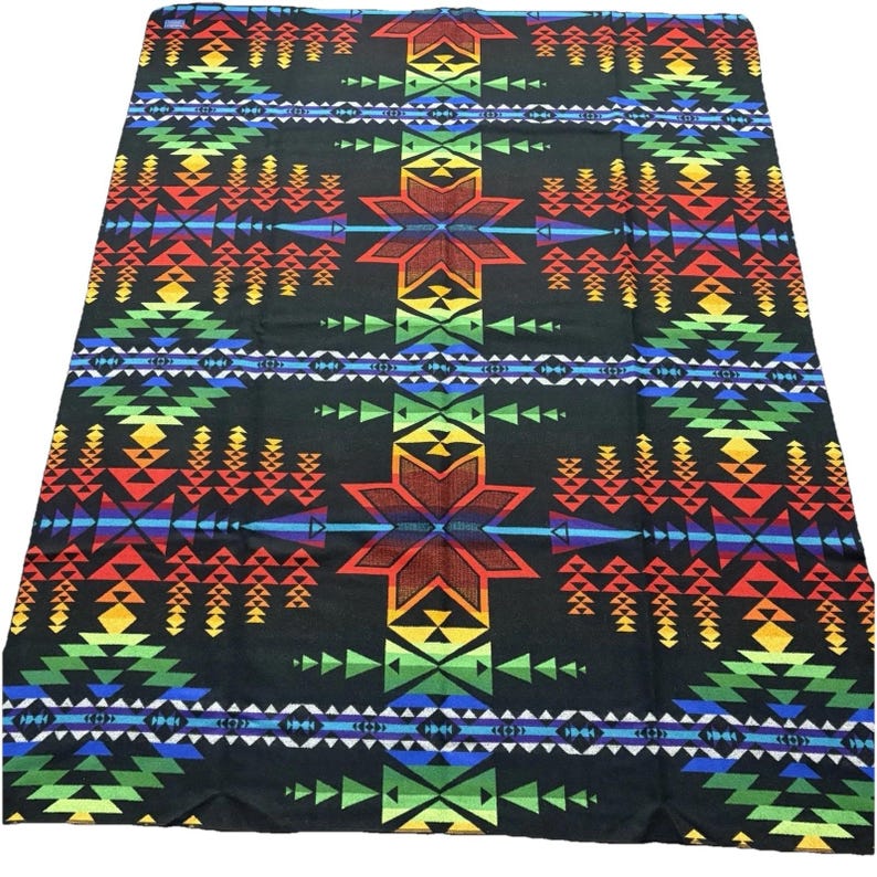 Pendleton Beaver State Wool Blanket Rainbow Geometric Black 64x80 Vintage image 1
