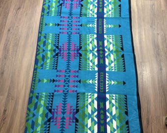 Pendleton Beaver State Wool Blanket 64x80 Geometric Blue Green Purple