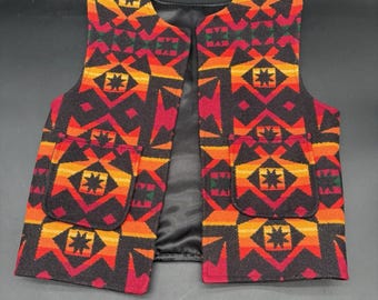 Southwestern Wool Geometric Kid Vest Black Red Orange Youth Size 10-12